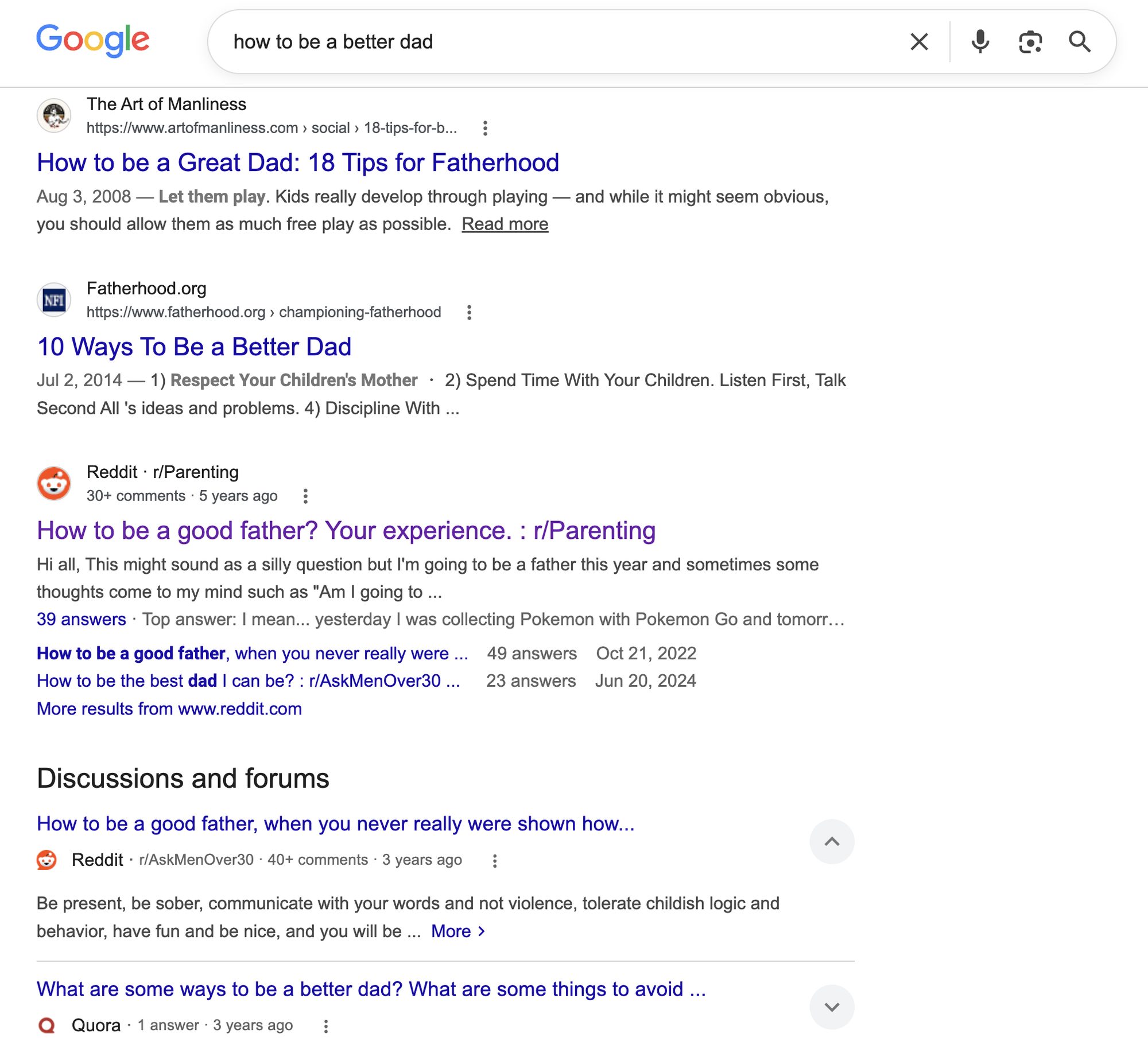 Google results for “how to be a better dad” — answered by blogs, Reddit, and Quora, with no church anywhere on the page.